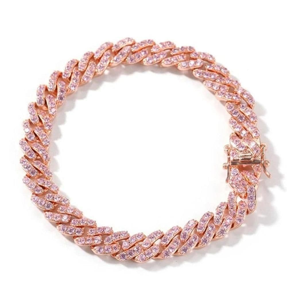 image-Pink Gold Plated Cuban Chain Anklet Unisex Foot Jewelry With Inlaid Gems