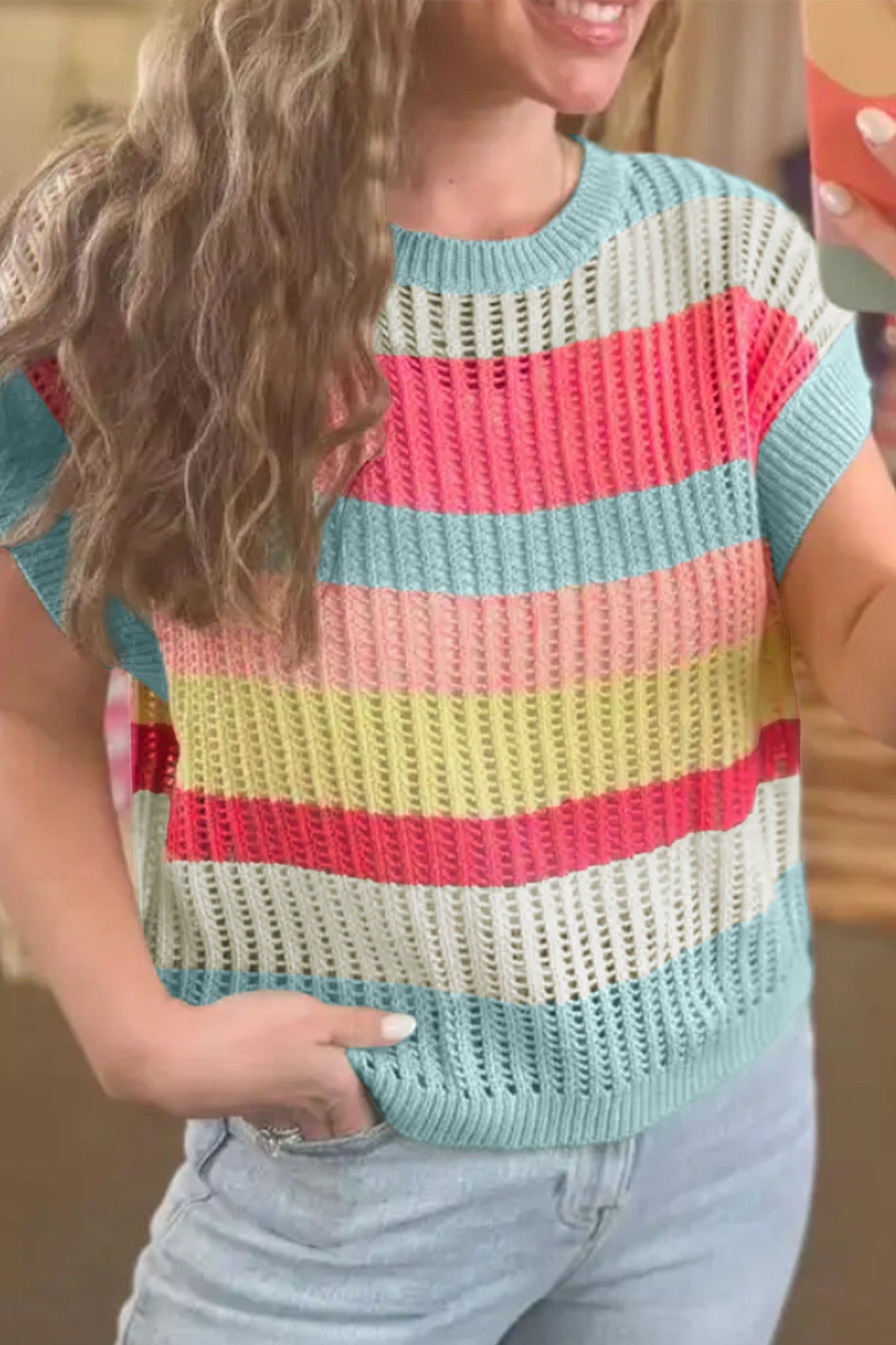 image-Green Stripe Color Block Hollow Out Knit Short Sleeve Sweater