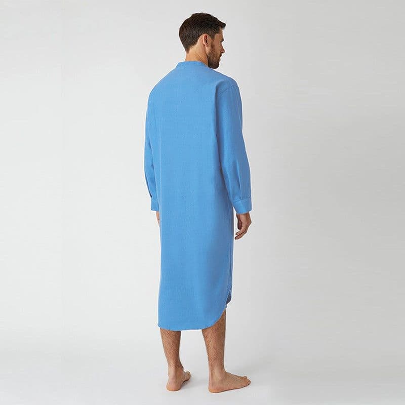 image-Muslim Men Blue Cotton Nightgown Long Sleeve Button Robe