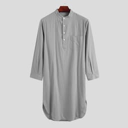 image-Muslim Men Blue Cotton Nightgown Long Sleeve Button Robe