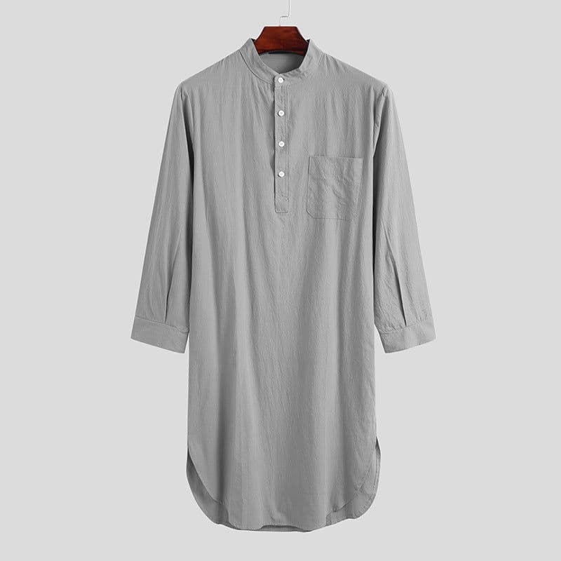 image-Muslim Men Blue Cotton Nightgown Long Sleeve Button Robe