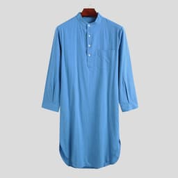image-Muslim Men Blue Cotton Nightgown Long Sleeve Button Robe