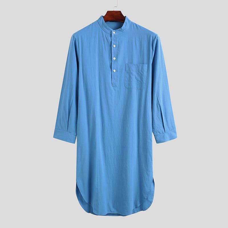 image-Muslim Men Blue Cotton Nightgown Long Sleeve Button Robe