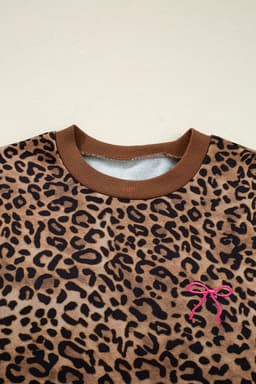 image-Coffee Leopard Print Contrast Trim Long Sleeve Top and Pants Set