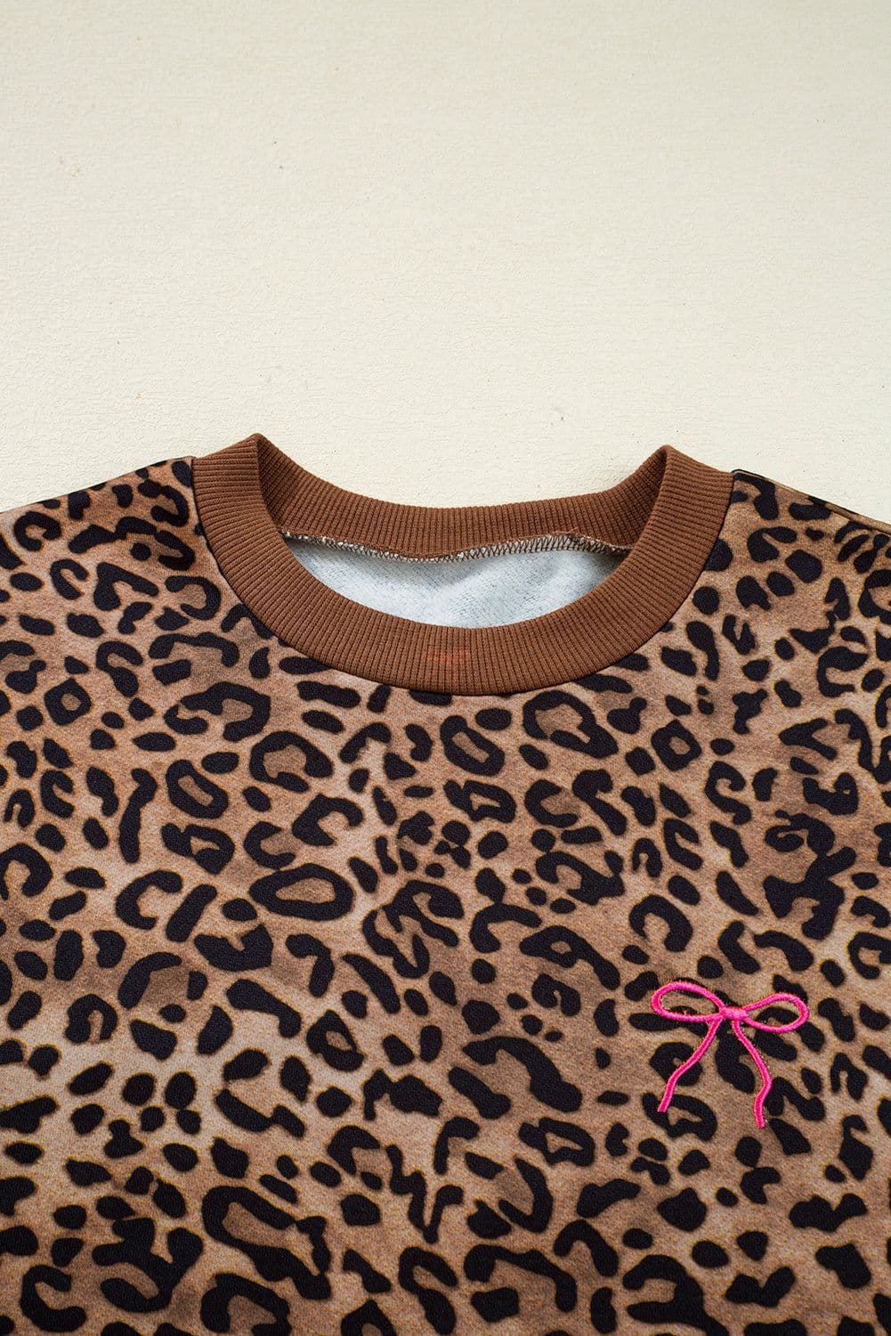image-Coffee Leopard Print Contrast Trim Long Sleeve Top and Pants Set