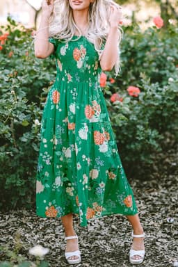 image-Floral Print Bubble Sleeve Midi Dress - Tiered Smocked Design (59 characters)