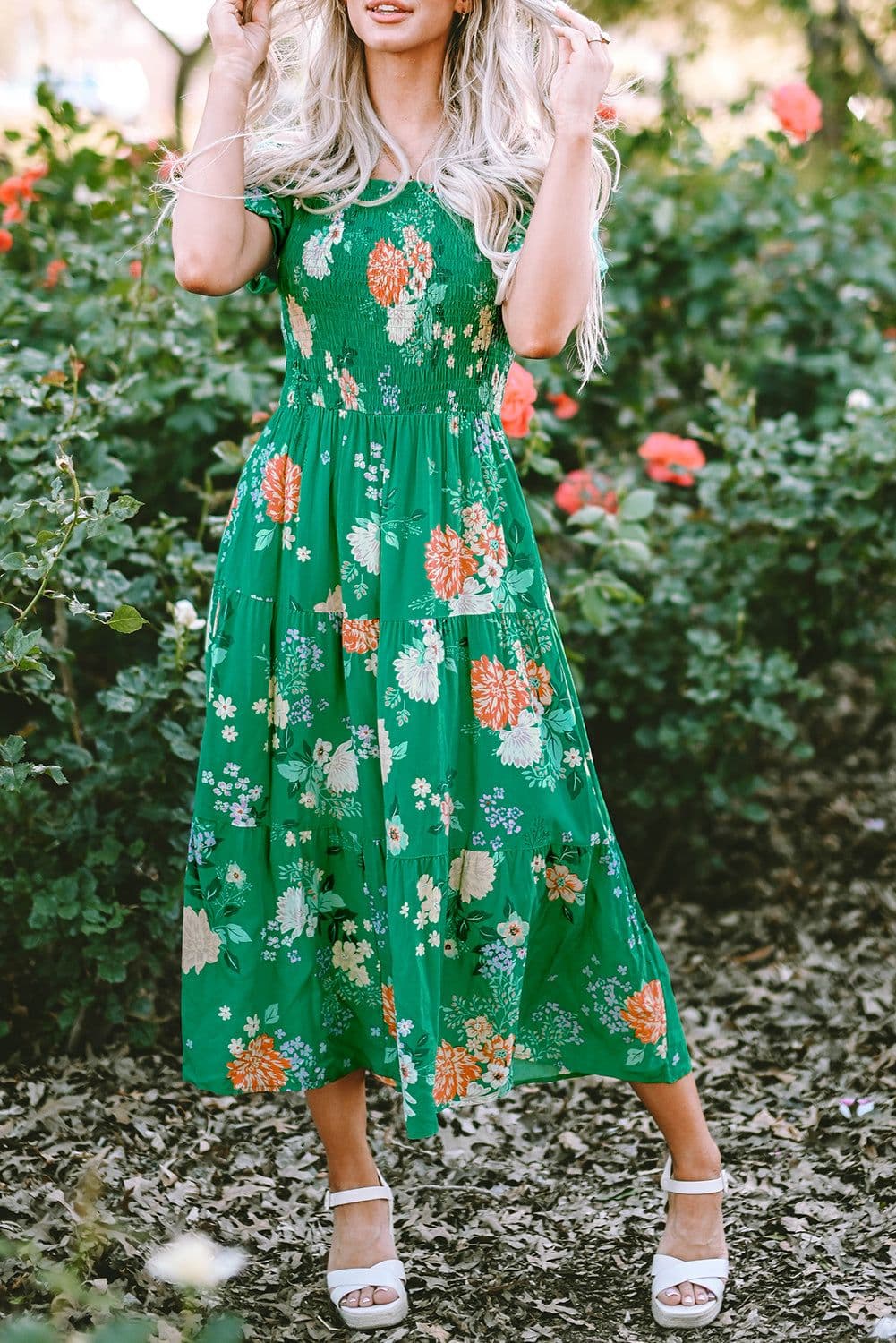 image-Floral Print Bubble Sleeve Midi Dress - Tiered Smocked Design (59 characters)