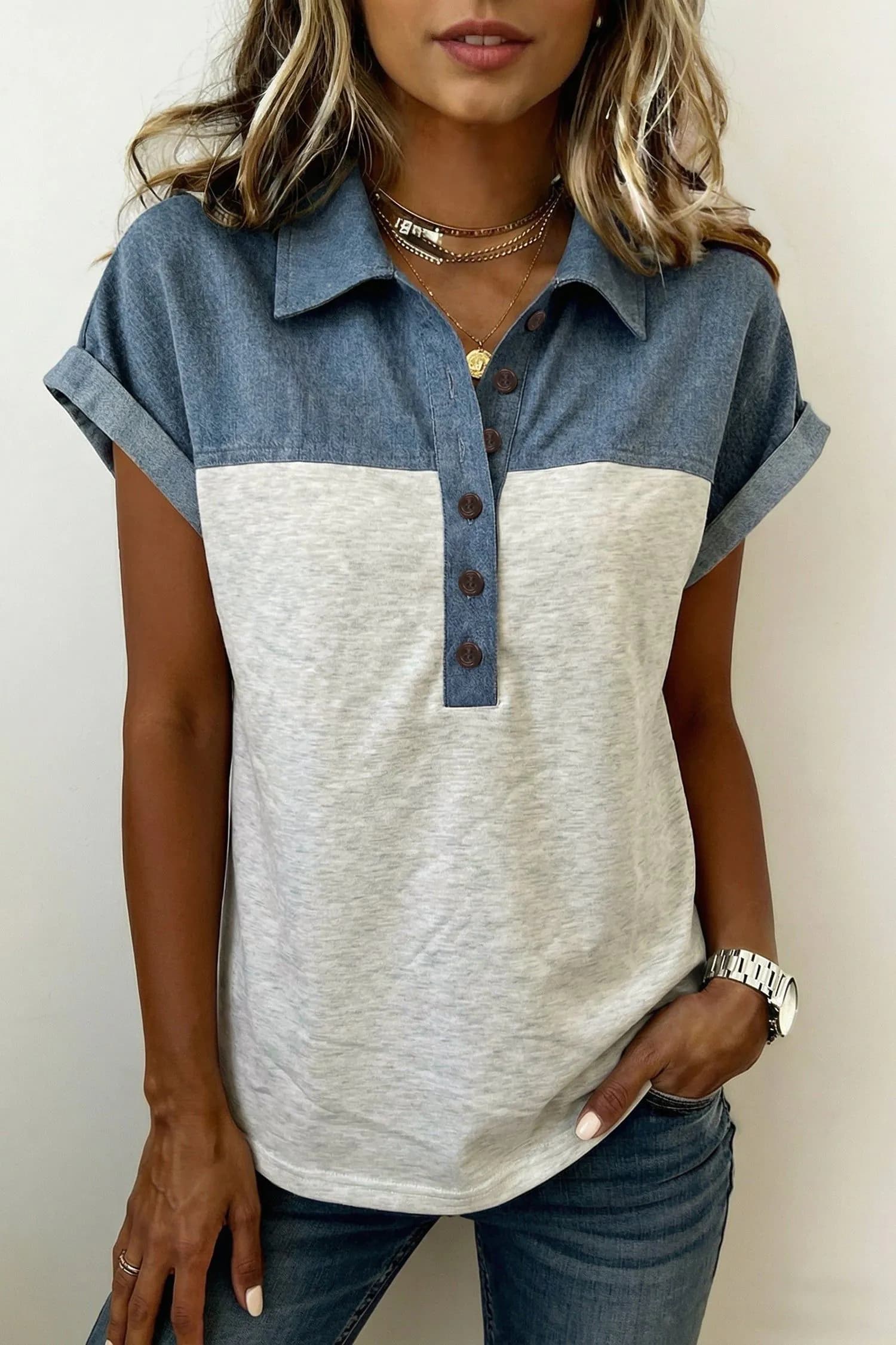 image-Light Grey Denim Patchwork Polo - Color Block Short Sleeve