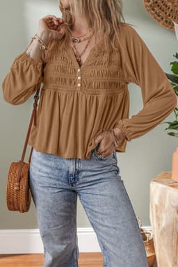 image-Black Smocked Bust Buttoned Split V Neck Blouse