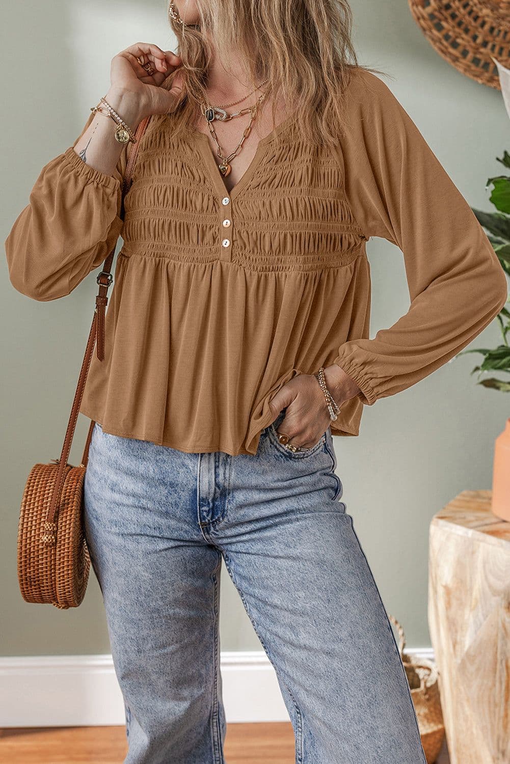 image-Black Smocked Bust Buttoned Split V Neck Blouse