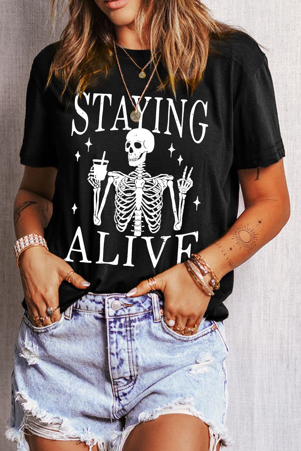 image-Funny Skeleton Print Round Neck T-Shirt - Black, Sizes S-2XL