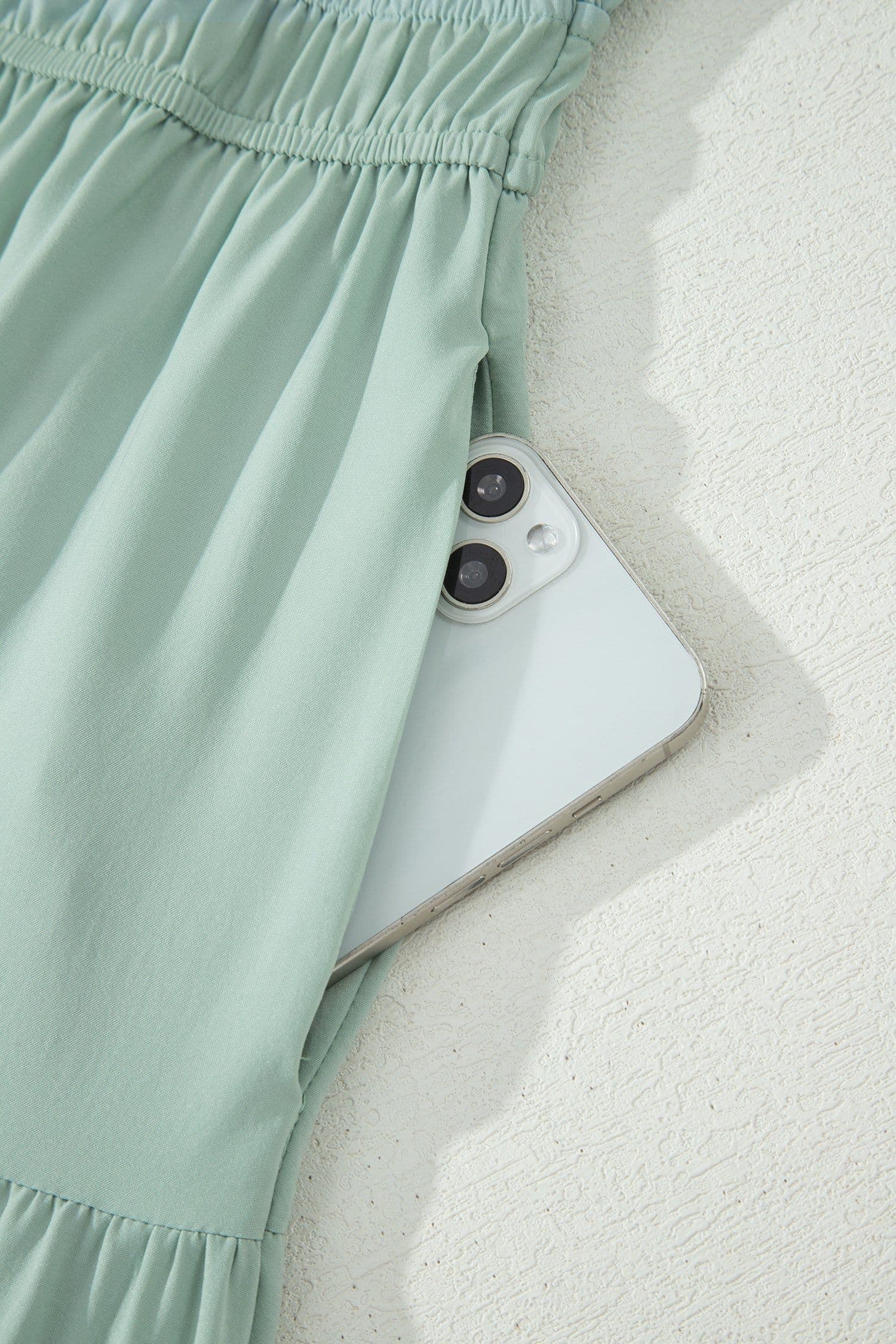 image-Bright Green V Neck Puff Sleeve High Waist Tiered Maxi