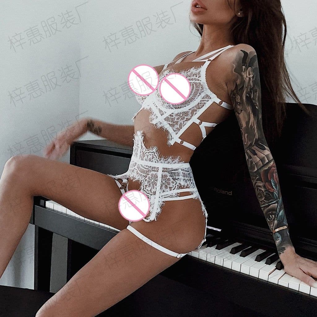 image-Eyelash Lace Underwear Set 3-Piece - XXL White Steel Ring Sexy Pajamas