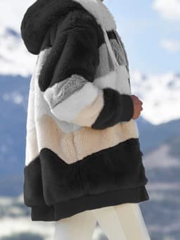 image-Women's Loose Plush Multicolor Hooded Jacket
