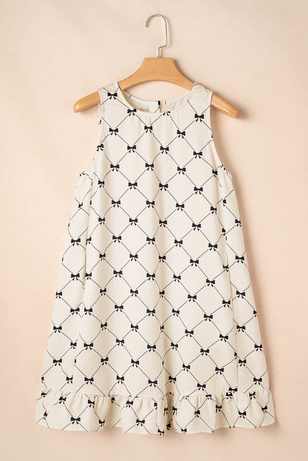 image-White Bow Checker Pearled Buttons Ruffled Mini Dress