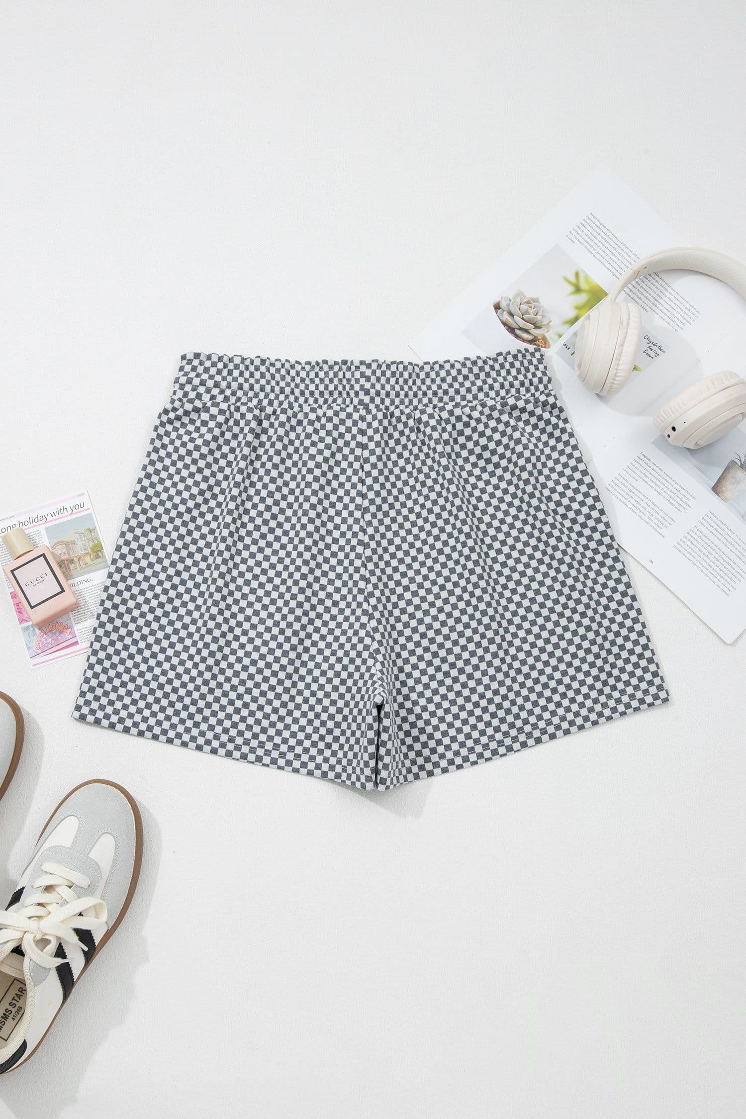 image-Gray Checkerboard Shorts - Drawstring Waist