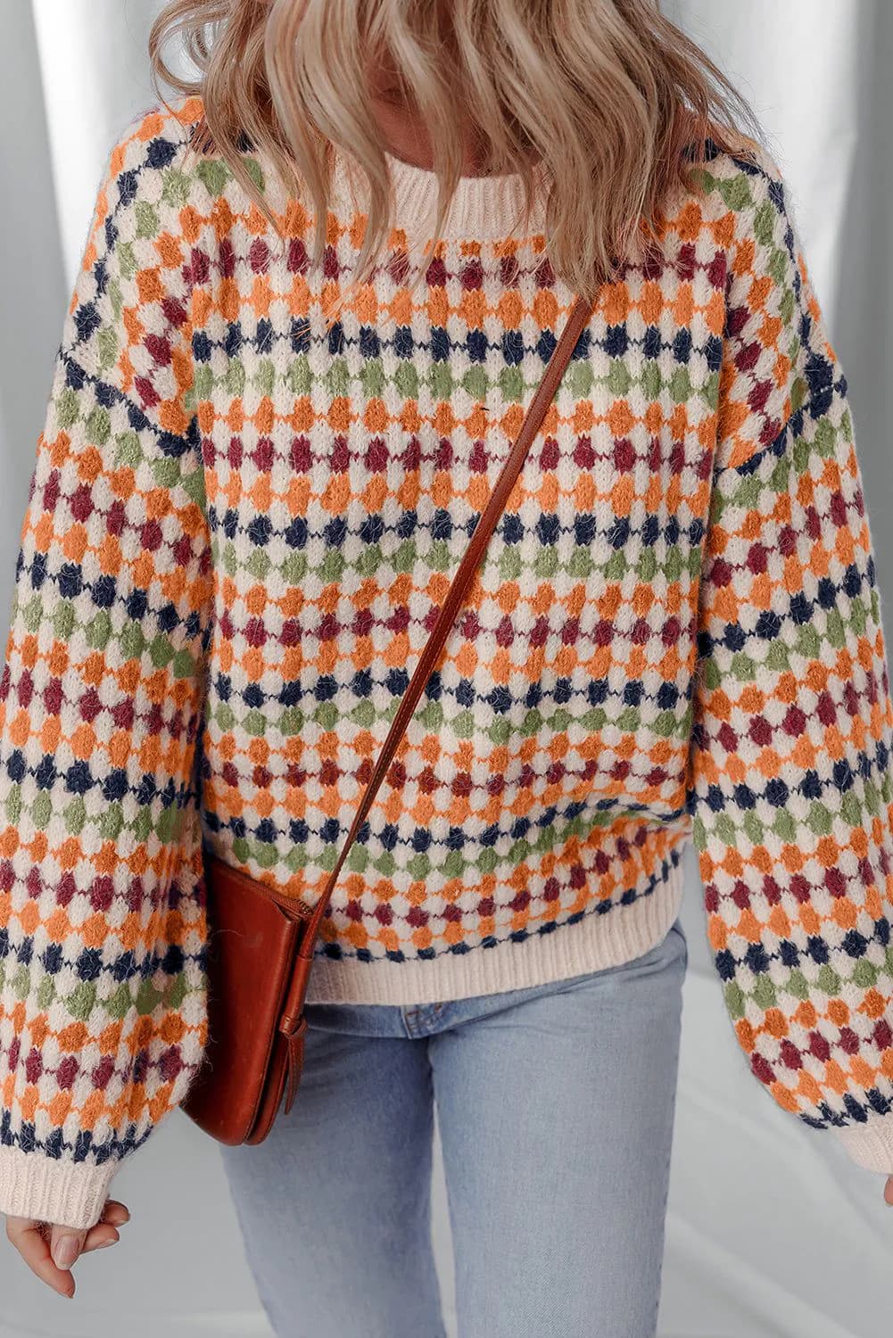 image-Multicolour Dotty Striped Knit Drop Shoulder Sweater