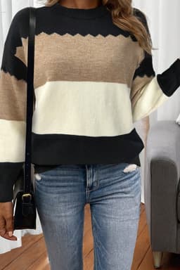 image-Brown Colorblock Crew Neck Drop Shoulder Sweater