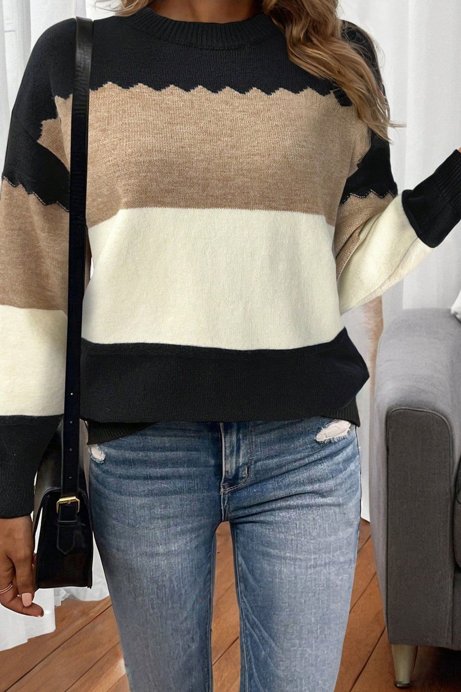 image-Brown Colorblock Crew Neck Drop Shoulder Sweater