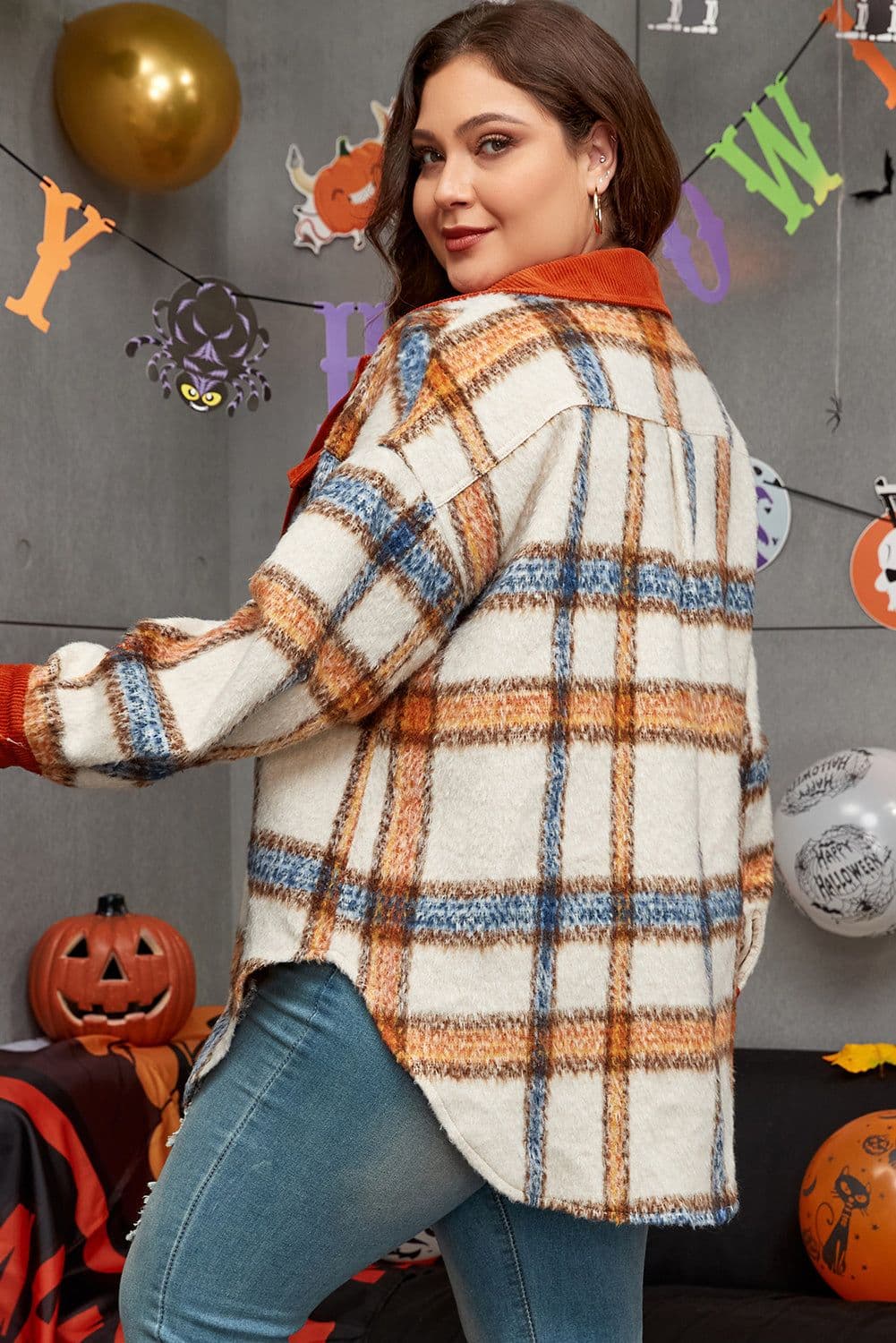 image-Brown Stripe Plaid Print Plus Size Jacket