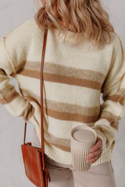 image-Khaki Stripe Knit Sweater - Drop Shoulder Exposed Seam