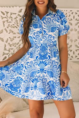 image-Sky Blue Retro Floral Print Drawstring Mini Dress