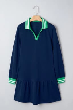 image-Navy Blue Contrast Striped Cuffs Polo Collar Patchwork Long Sleeve Ruffle Hem Mini Dress