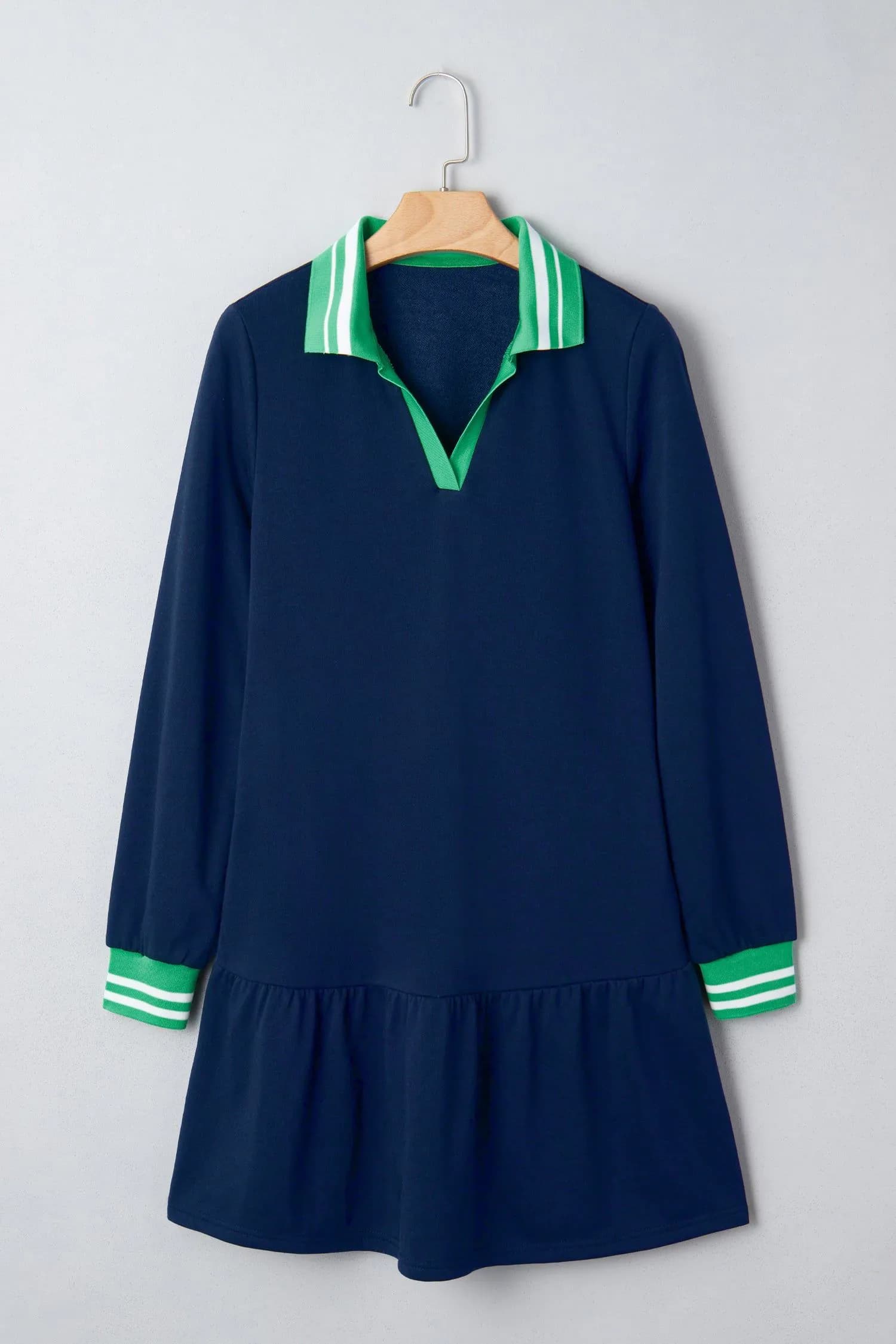 image-Navy Blue Contrast Striped Cuffs Polo Collar Patchwork Long Sleeve Ruffle Hem Mini Dress