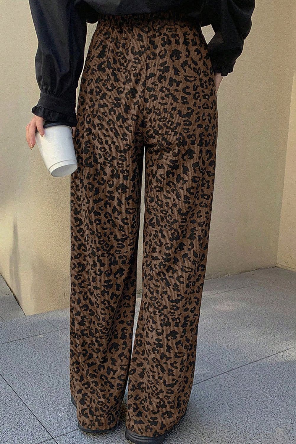 image-Dark Brown Leopard Corduroy Pants High Waist