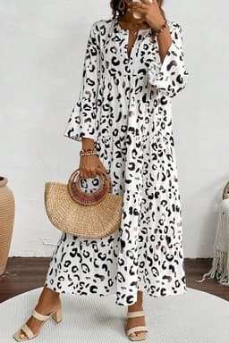 image-White Leopard Print Maxi Dress V-Neck Loose Fit Elegant Tiered Design