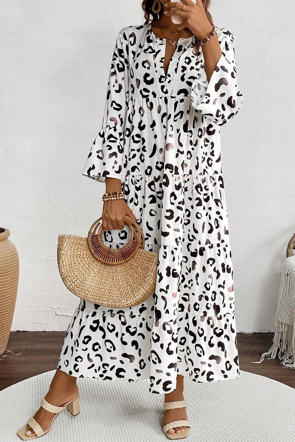 image-White Leopard Print Maxi Dress V-Neck Loose Fit Elegant Tiered Design