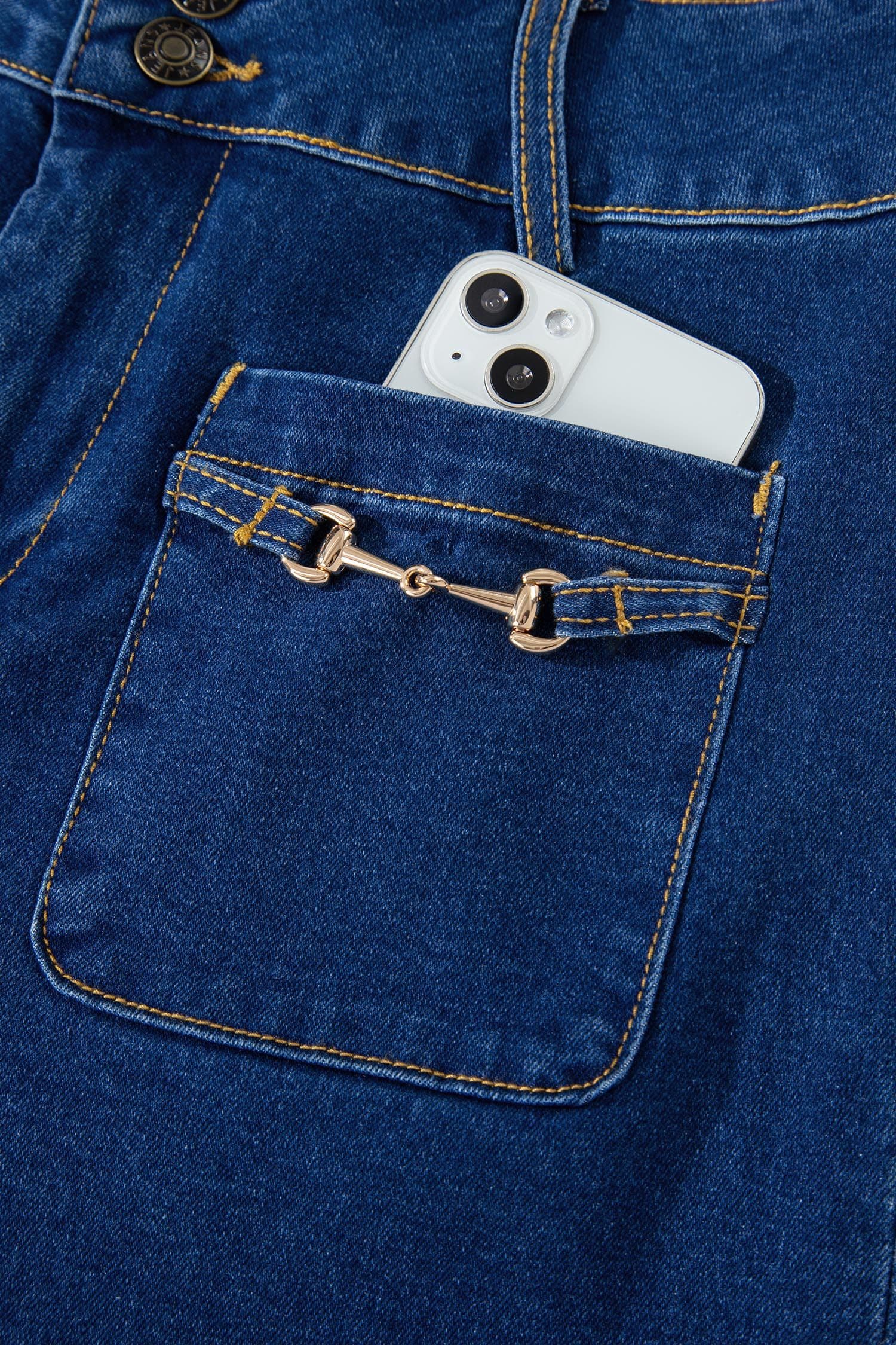 image-Sail Blue Wide Leg Denim Pants - Hardware Decor