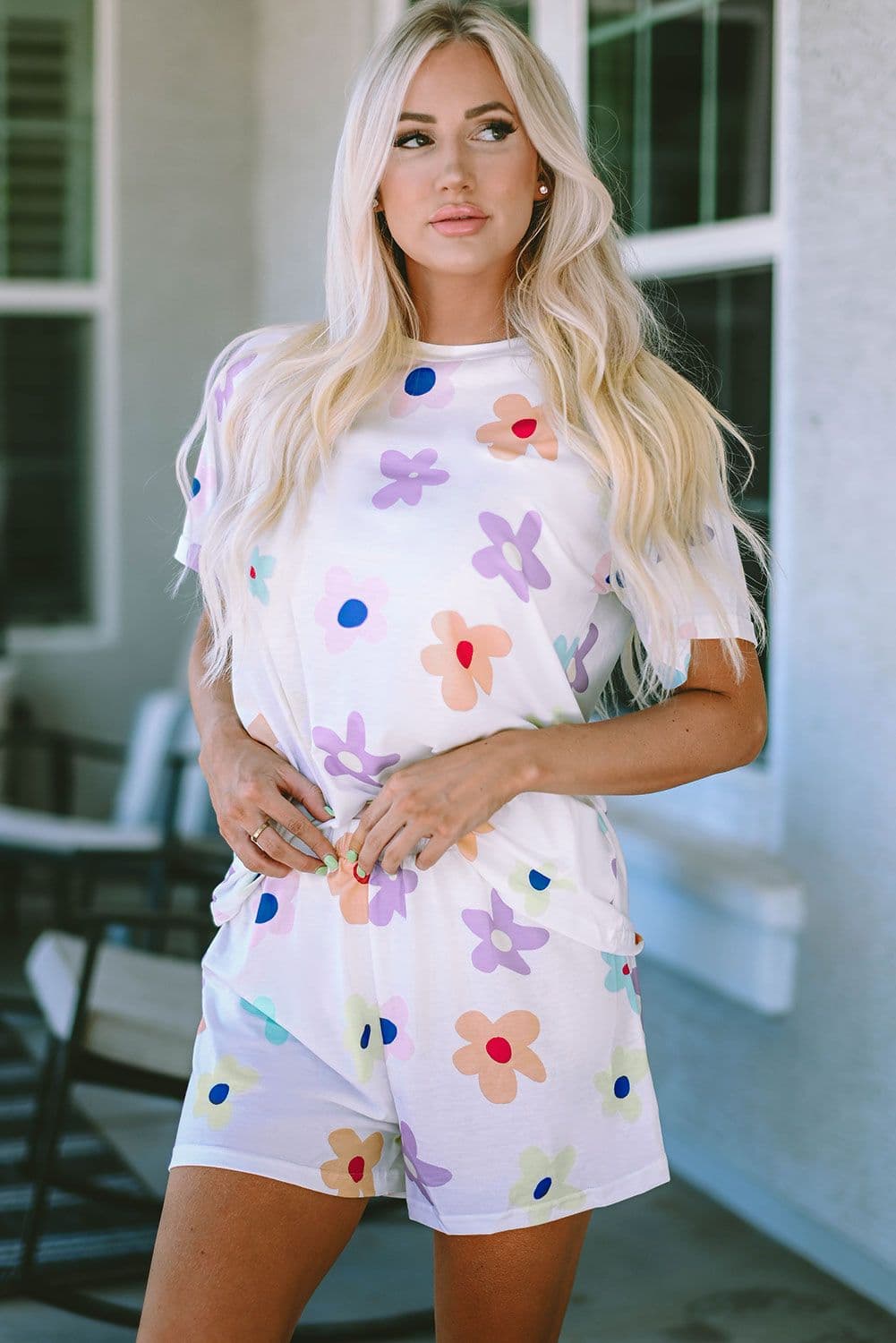 image-Pink Flower Print Short Sleeve High Waist Two Piece Shorts Set