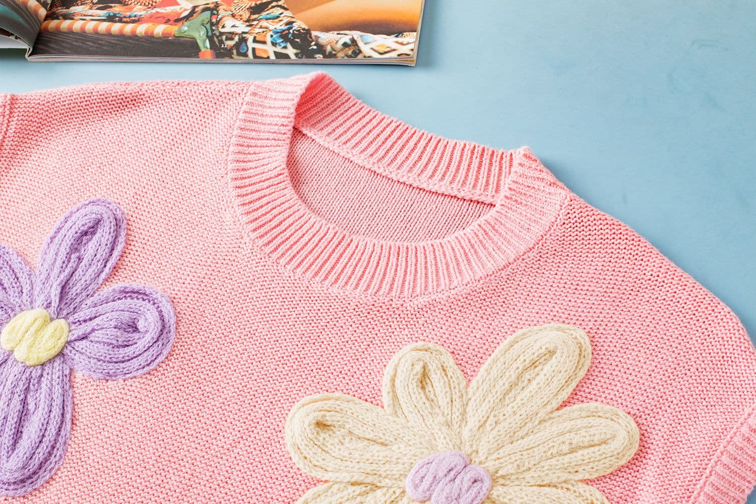 image-Crochet Flower Knit Sweater - White Short Sleeve
