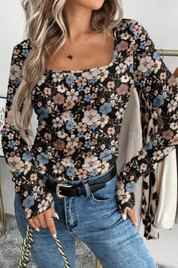 image-Black Floral Print Slim Long Sleeve T Shirt