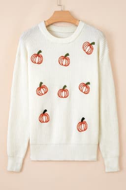 image-Pumpkin Embroidered Ribbed Sweater - Beige