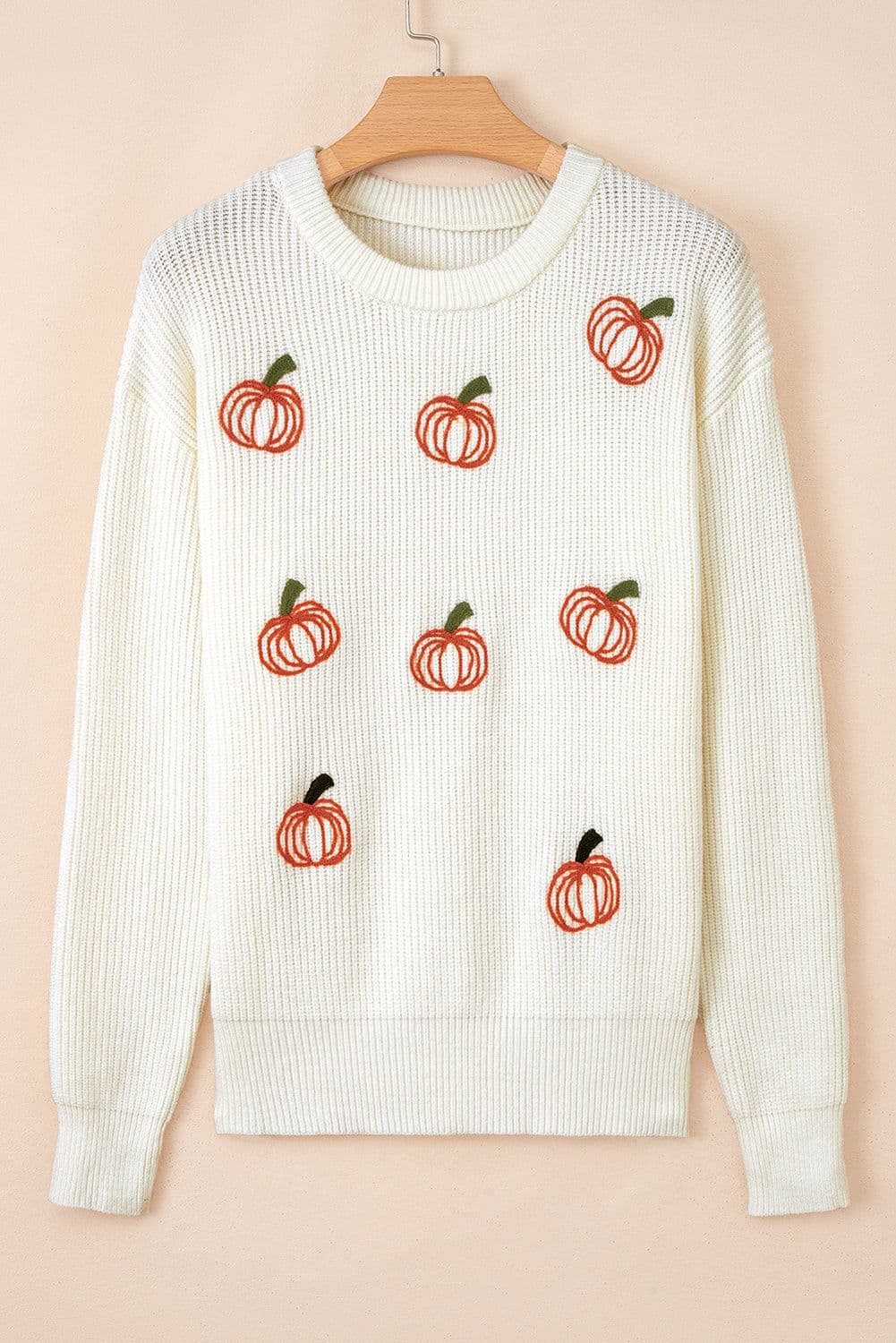 image-Pumpkin Embroidered Ribbed Sweater - Beige