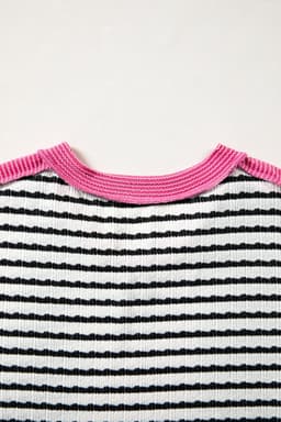 image-Black Stripe Textured Knit Twisted Rib Contrast Patchwork V Neck Long Sleeve Top