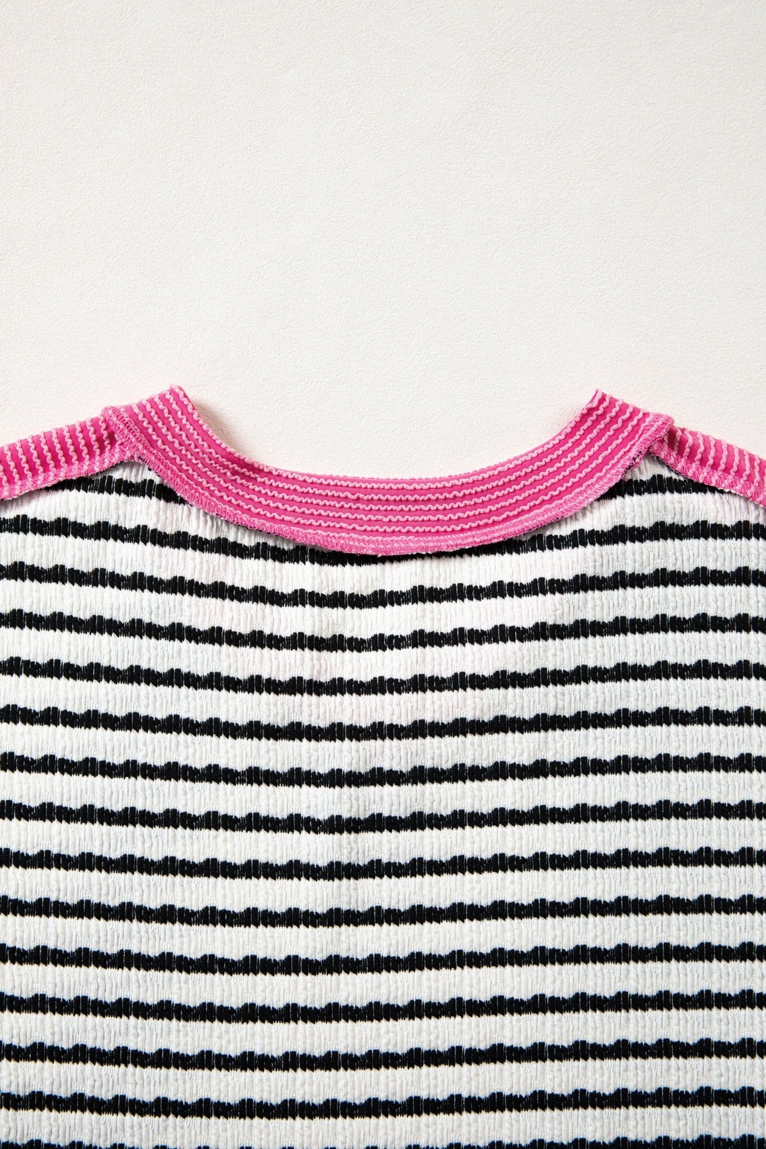 image-Black Stripe Textured Knit Twisted Rib Contrast Patchwork V Neck Long Sleeve Top