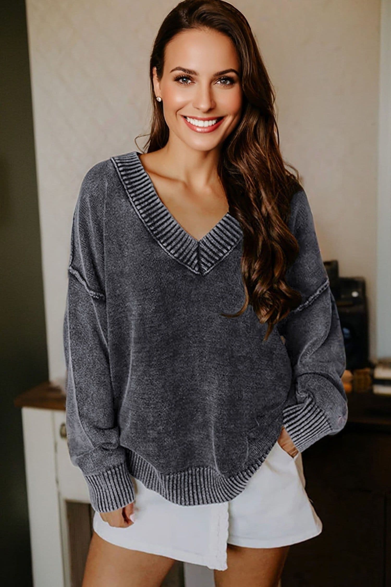 image-Four Leaf Clover Mineral Wash V Neck Knit Exposed Seam Drop Shoulder Loose Sweater