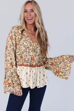 image-Yellow Floral Bell Sleeve Blouse With Peplum