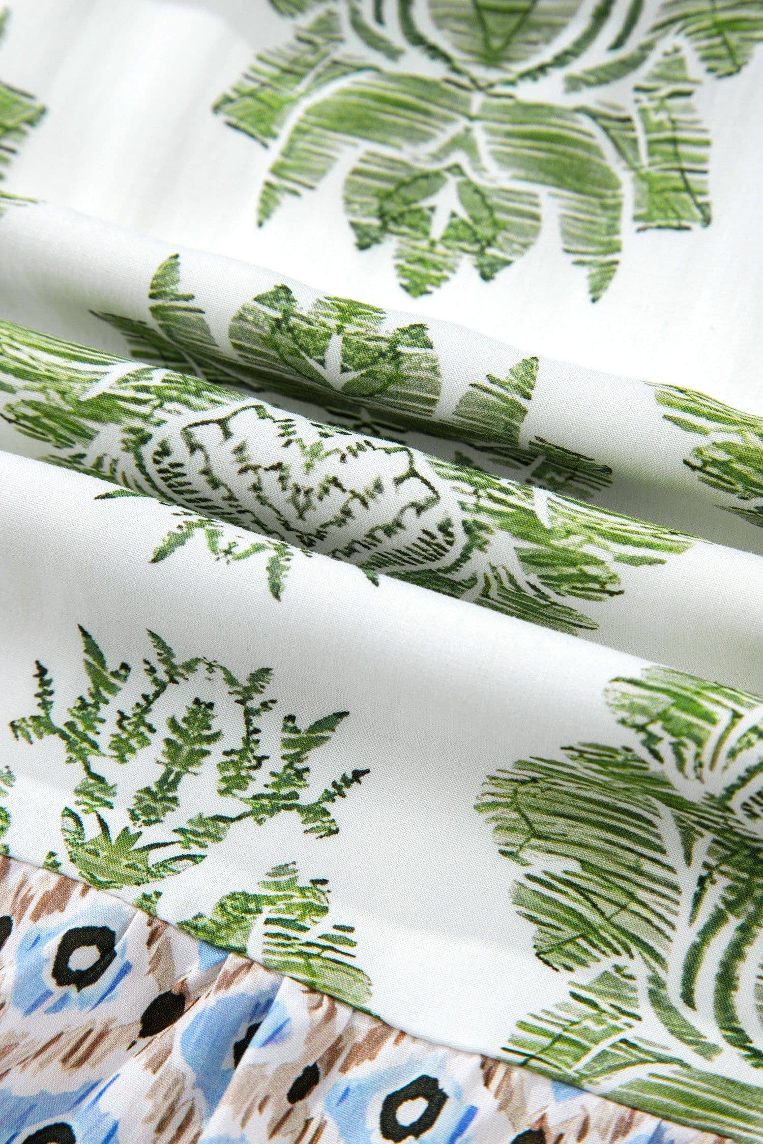 image-Green Floral Print Contrast Patchwork Ruffle Detail Mini Dress
