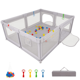 image-Portable Baby Play Yard - Grey, 73"x61.5"x27", Mesh, Carry Bag