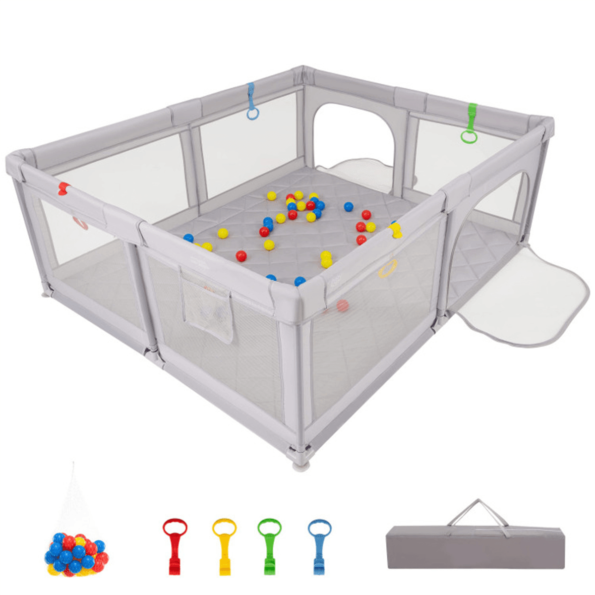 image-Portable Baby Play Yard - Grey, 73"x61.5"x27", Mesh, Carry Bag