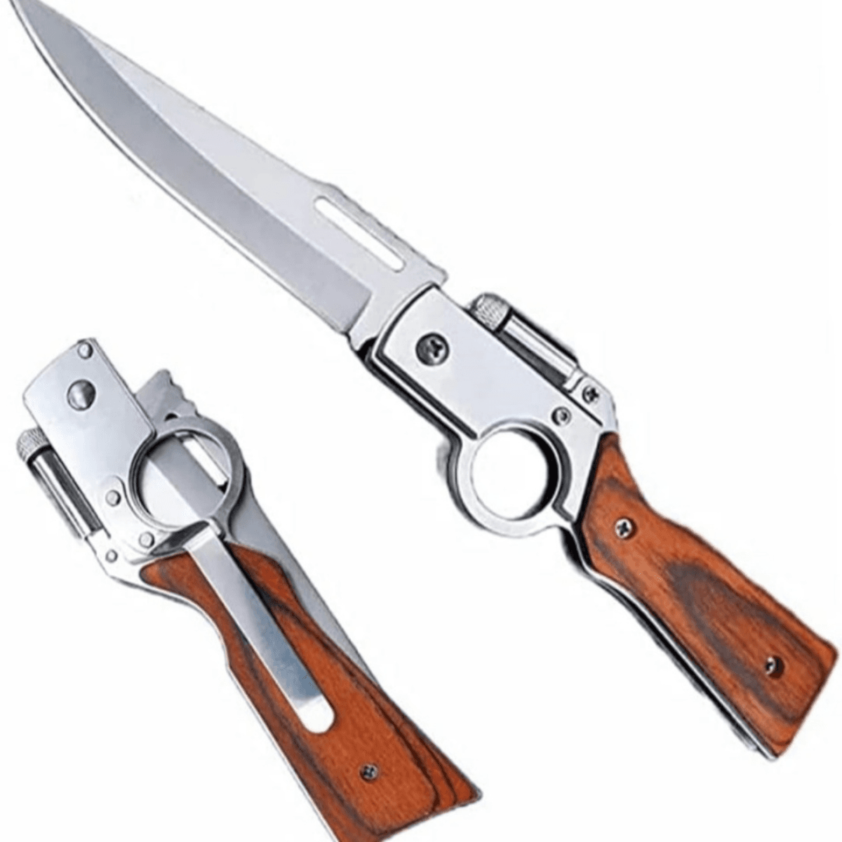 image-Flipper Pocket Knife with Flashlight, 8.5" Stainless Steel, Wooden Handle, Men's Outdoor Tool