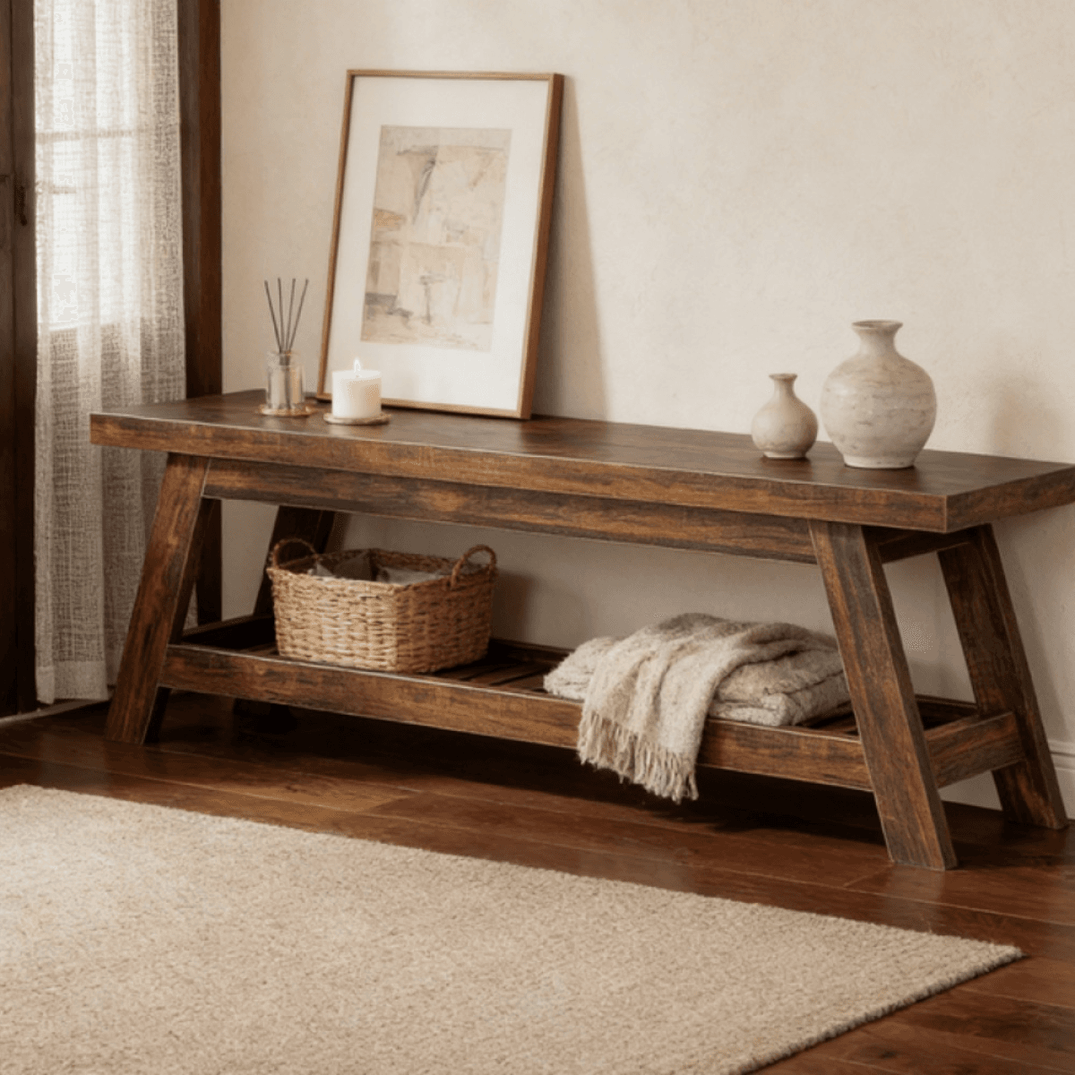 image-Elegant Wood Tone Bench with Storage - MDF Durable Design