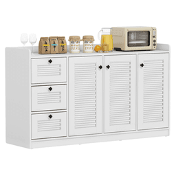 image-White Buffet Sideboard Cabinet, 3 Drawers & 3 Shutter Door Cabinets, Abundant Storage Space