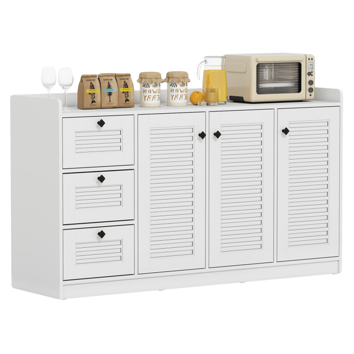 image-White Buffet Sideboard Cabinet, 3 Drawers & 3 Shutter Door Cabinets, Abundant Storage Space