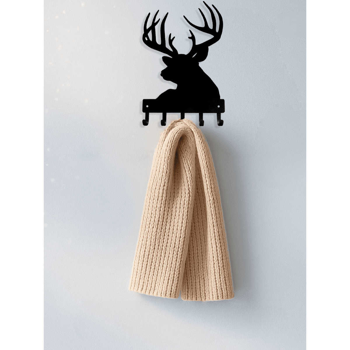 image-Vintage Wall Shelf Coat Rack - Black Iron with Wooden Antelope Hooks