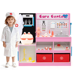 image-Pink Doctor Office Playset with X-ray, ECG, Sink & Height Measurer for Toddlers 3-6